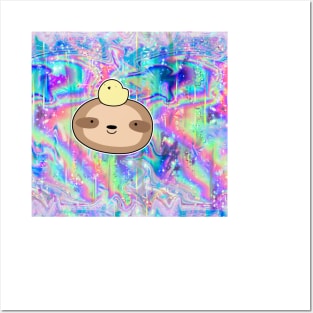 Sloth Face and Baby Chick Rainbow Holographic Posters and Art